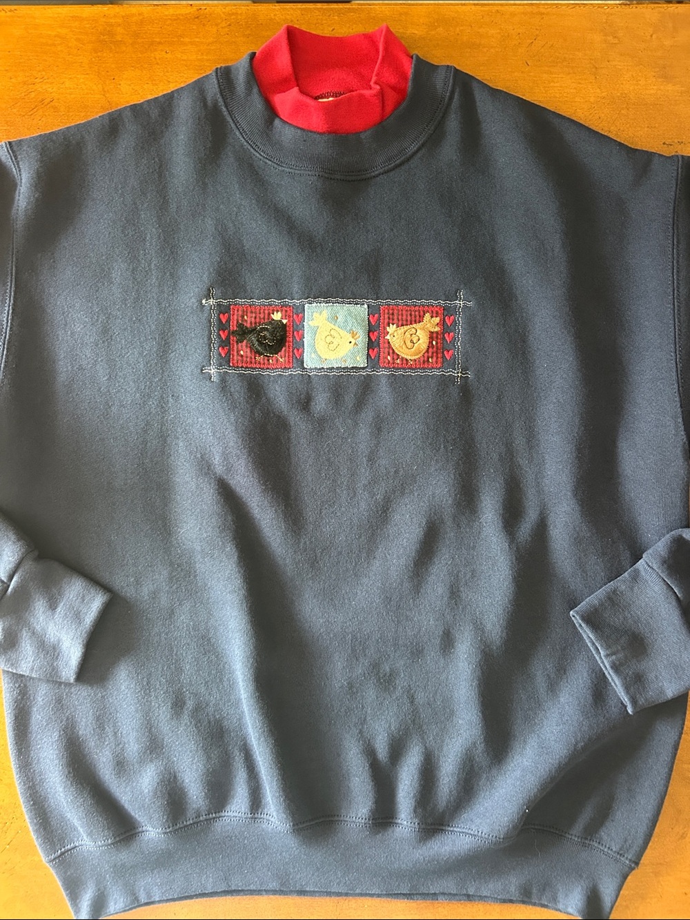 Vintage Navy Pullover Sweatshirt with Red Neck Trim and 3 Chickens Patch